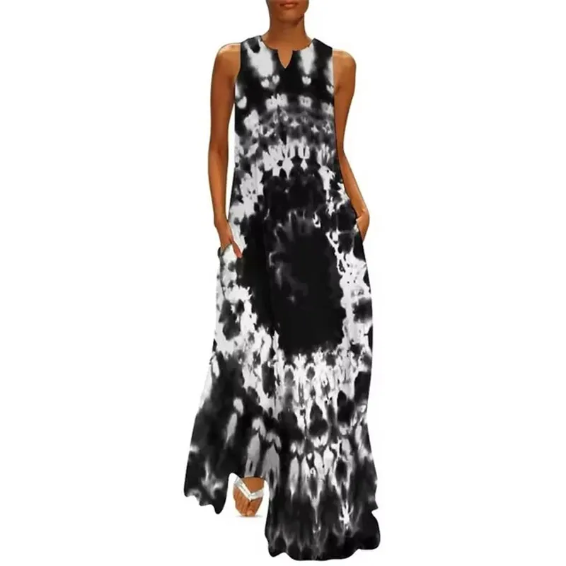 White Black Tie Dye Women Dress Abstract Print Night Club Maxi Dress Street Bohemia Long Dresses Ladies V-Neck Oversize Vestidos