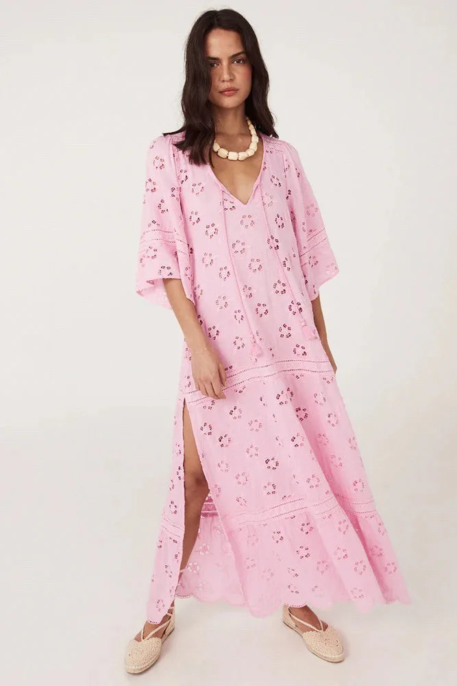 

EVACANDIS Women New Embroidery Hollow Out Linen Cotton Solid Midi Dress Sweet Elegant Vintage Chic Casual High Quality Lace-up