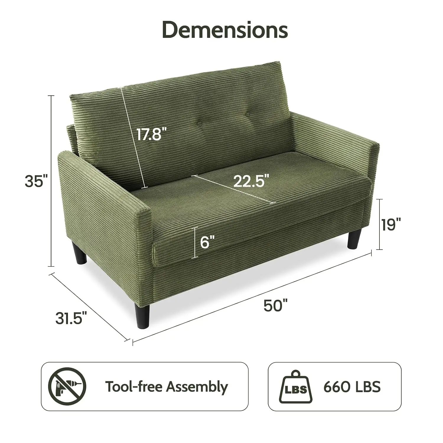 Small Loveseat Corduroy Sofa Living Room Bedroom Office, 50 Inch Spring Cushion Solid Wood Frame Tool-Free Assembly, Customized