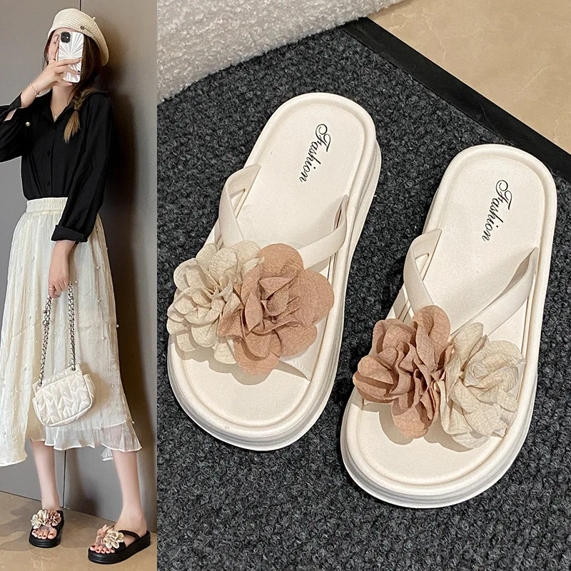 

Floral-Embellished Platform Sandals Women - Textured Two-Tone Blossoms & Arch Support Footbed Lightweight Pool/beach Footwear