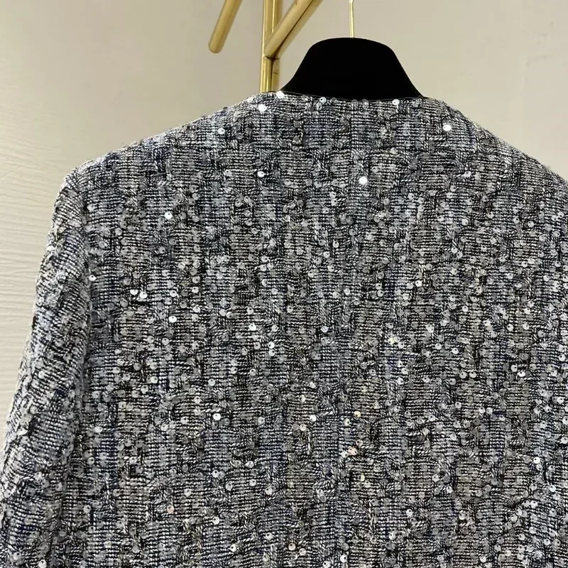 Women Fashion Grey Blue Sequined Top Quality Tweed Long Sleeve Office Lady Short Jacket 2024 Fall Winter New