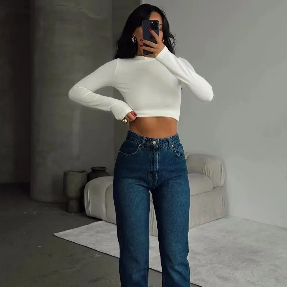 تي شيرت نسائي قصير بأكمام طويلة وياقة عالية، قميص قصير يكشف البطن، ضيق ومناسب للجسم بلون موحد، موضة الربيع #3