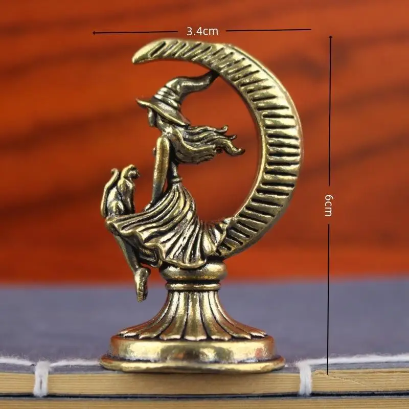 Hot Brass Crescent Moon Witch Cat Statue Retro Gothic Mini Figurine Decor Ornament For Desktop Bedroom Mystical