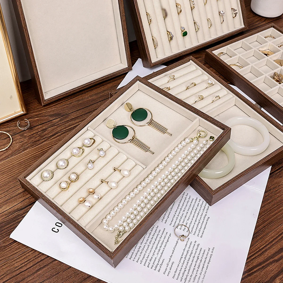 1PC Walnut Wood Grain Jewelry Storage Tray for Rings Necklaces Earrings - Durable Display Organizer for Store Counter Home Gift