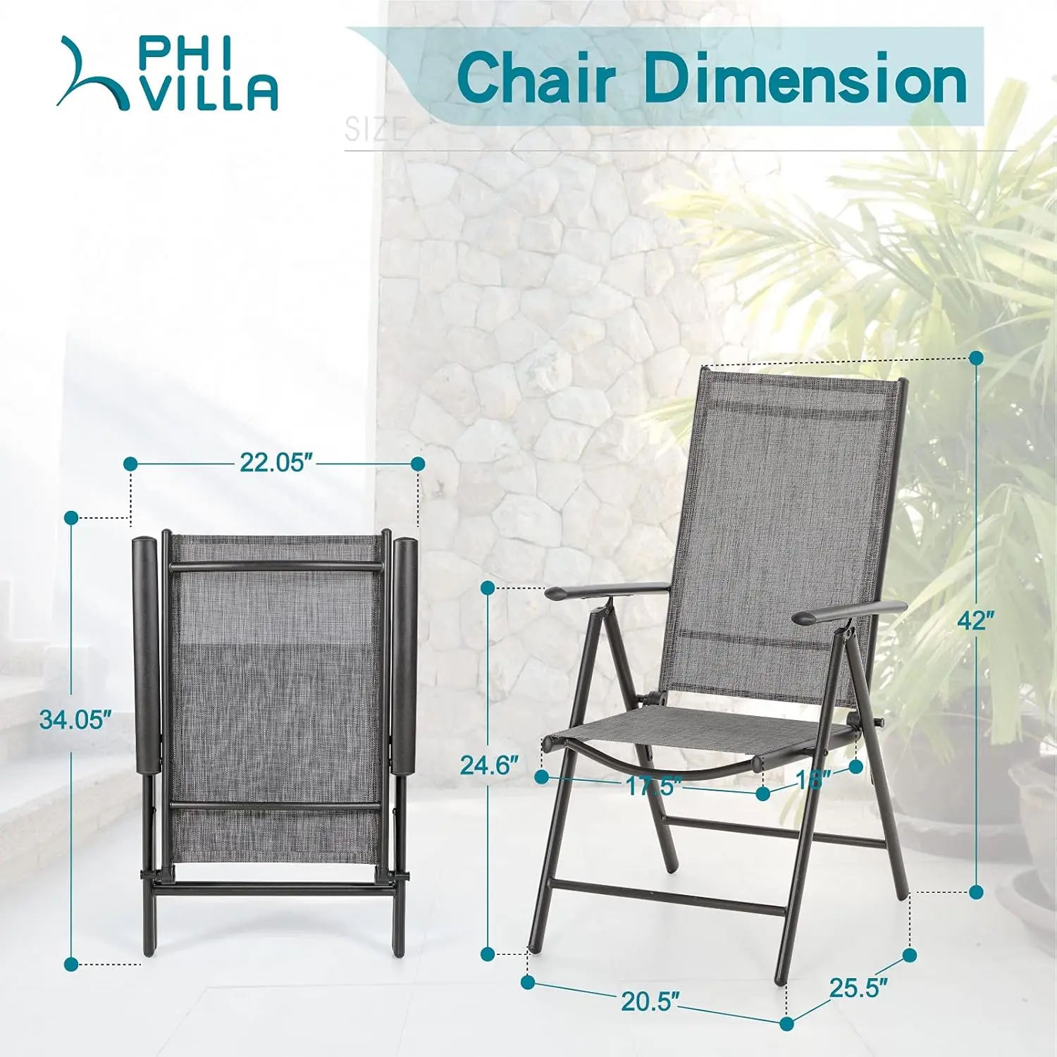 Adjustable Patio Sling Chairs Reclining High Back Chairs with Armrest for Garden Lawn Pool Yard, Grey