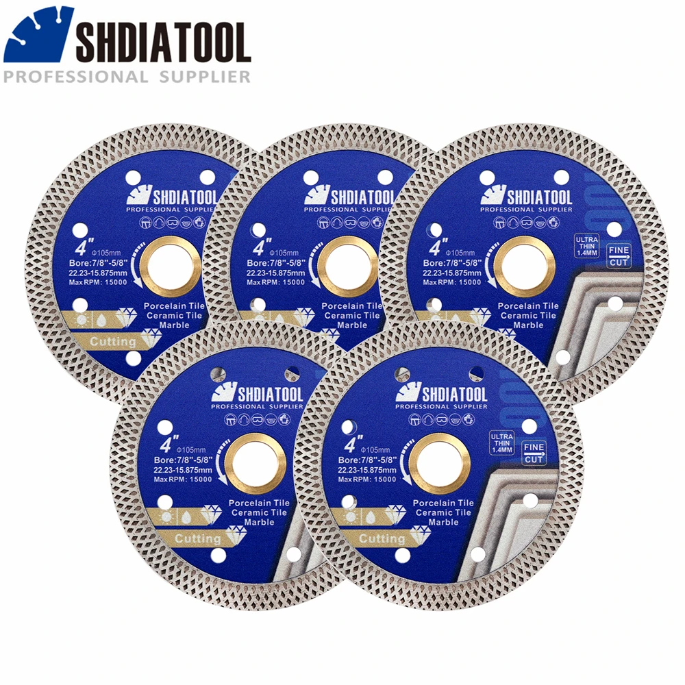 

SHDIATOOL 5pcs 4"/105mm Superthin Edge Mesh Diamond Saw Blade Narrow Turbo Blade Angle Grinder Granite Marble Porcelain Tiles