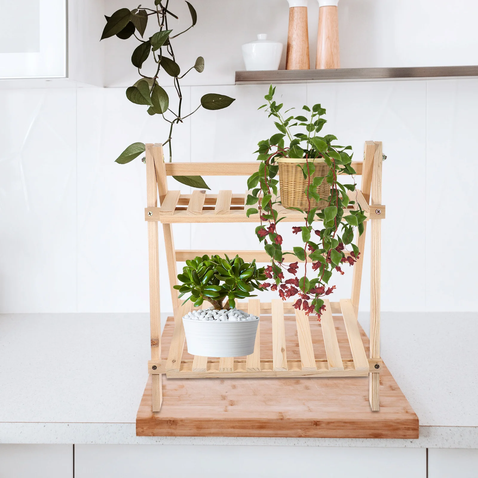 

Wooden Plant Stand Double Layer Balcony Display Rack Potted Plant Holder Storage Shelf Flowerpot Base Indoor Decorative