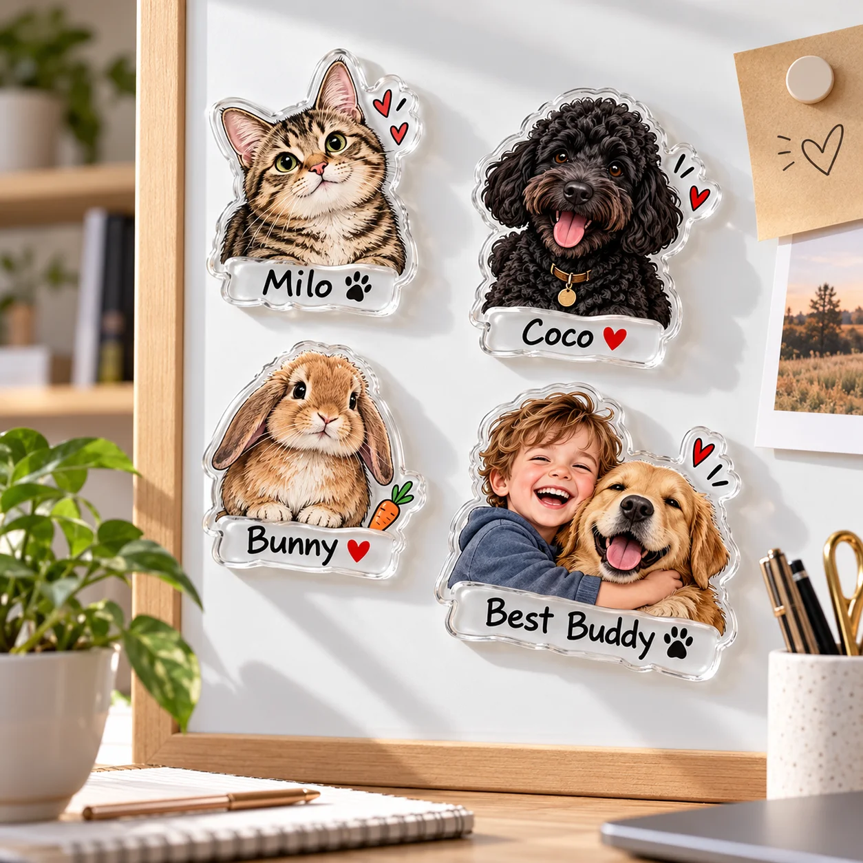 Custom acrylic photo magnets—personalized keepsakes perfect for displaying family photos on your refrigerator.