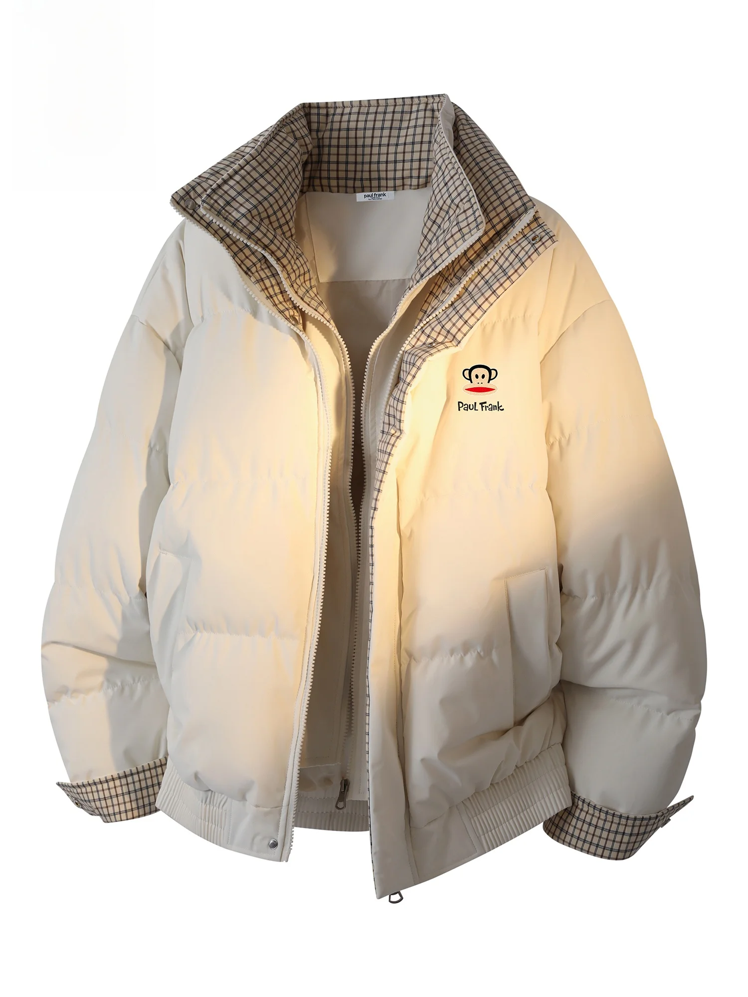 

PaulFrank Thiened Cotton Jaet Men's Winter Faion Plaid Patchwork Stand Collar Coat Warm Casual Long Sve Zipper Anima...