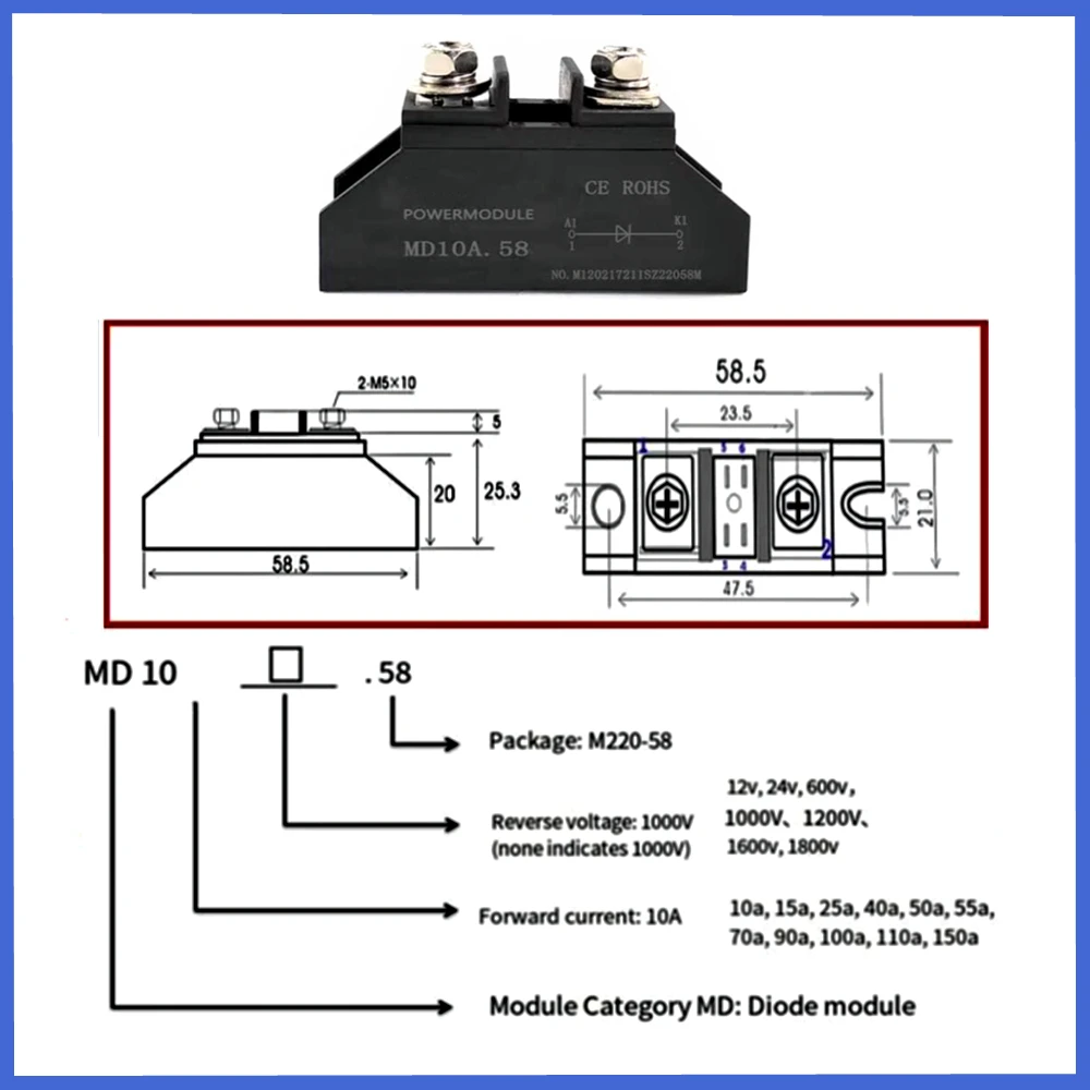 MD100A 1000V Small anti-reverse diode  MD5A 10A 20A 25A 30A 40A 50A 70A 90A 100A 110A 150A 1000V Afterflow110A Rectifier module