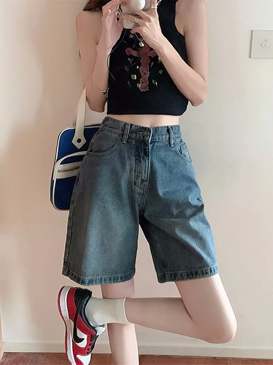 High Waist Wide Leg Denim Shorts Women's Student Summer New Style Loose Straight Cut Small Size Five-Quarter Middle Pants
