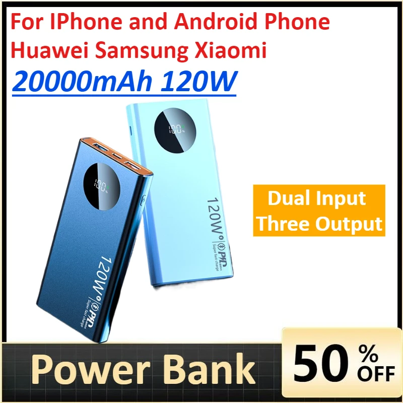 

Power Bank 20000mAh 120W Fast Charging for IPhone and Android Phone Huawei Samsung Xiaomi Powerbank
