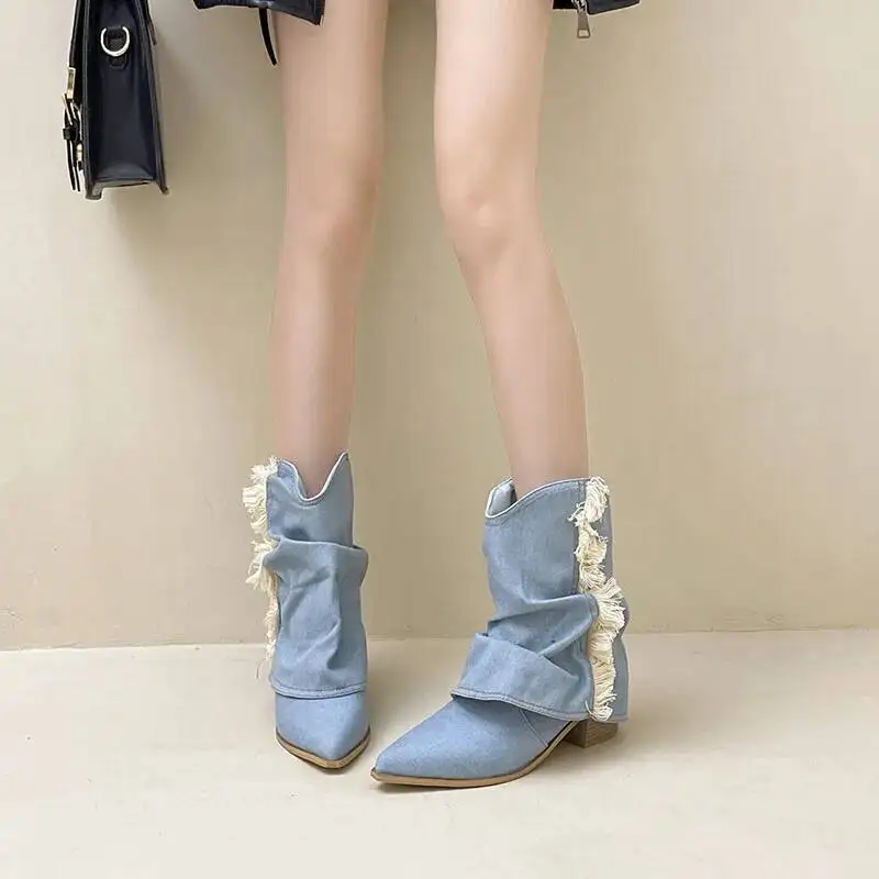 

Autumn Winter Vintage Versatile Denim Boots Women Ruched Design Chunky Heel Pipe Boots Pointed Toe Slimming Fashion Boots