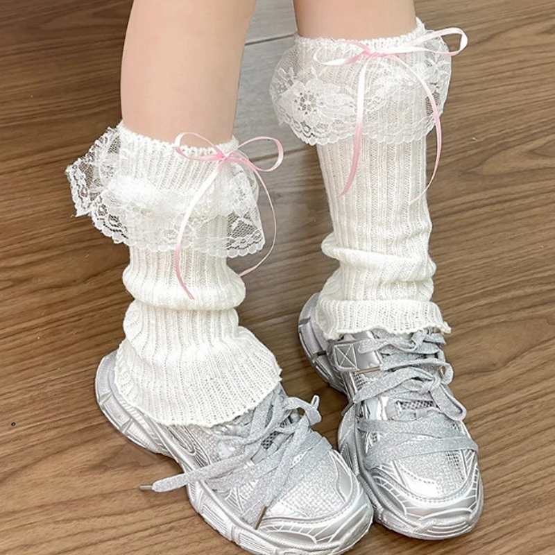 

Lolita Lace Bow Ribbon Leg Warmers Women Girls Calf Warmer Y2K Knitted Streamer Leg Covers JK Japanese Bow Princess Long Socks