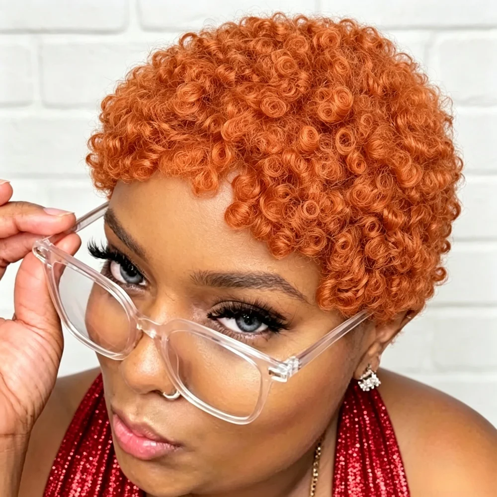 Full Machine Made Short Orange Curly Pixie Wig Human Hair, Short Curly Human Hair Wigs for Women Natural Looking