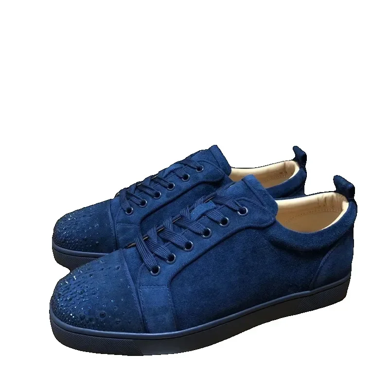 

Luxury Low Top Red Bottom Shoes For Men Trainers Driving Spiked Blue Suede Genuine Leather Crystal Toecap Rivets Flats Sneaker