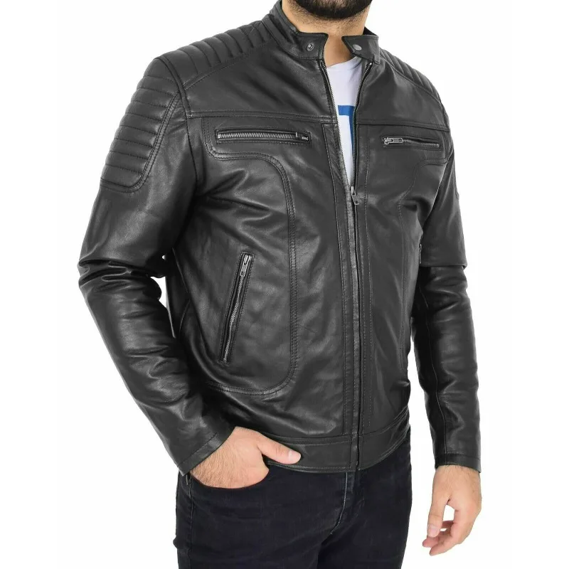 Men's Genuine Lambskin 100% Leather Jacket Biker Motorcycle Designer Black