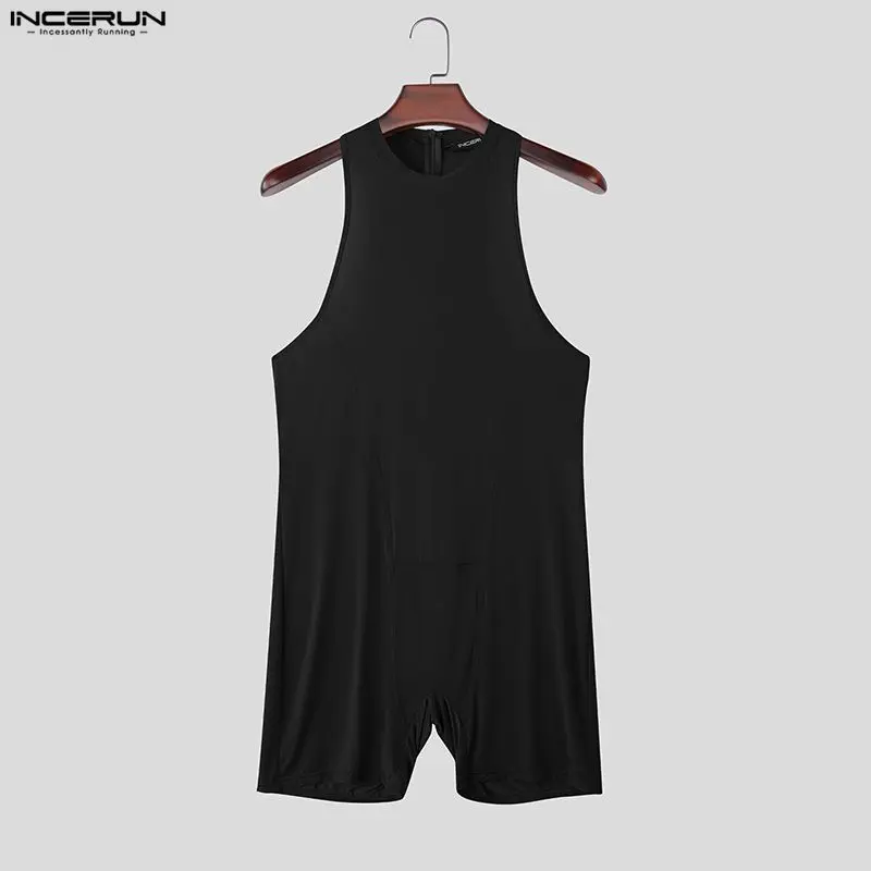 INCERUN Men's Bodysuits Solid Color See Through Sleeveless Sexy Male Rompers Playsuits Skinny 2026 Homewear Men Clothes Bodysuit