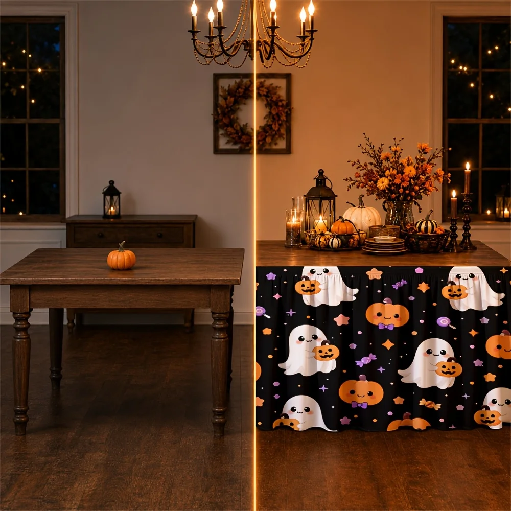 Party table skirt 1 piece Halloween ghost pumpkin polyester festive decoration for birthday celebration event at the tablexzj