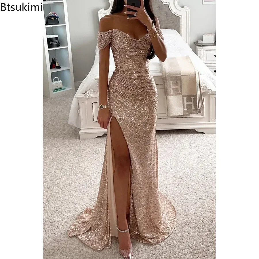 2024 Women\'s Luxury High Split Club Party Evening Dress Sexy Banquet Slim Waisted Female Dress Elegant V-Neck Slim Long Dress