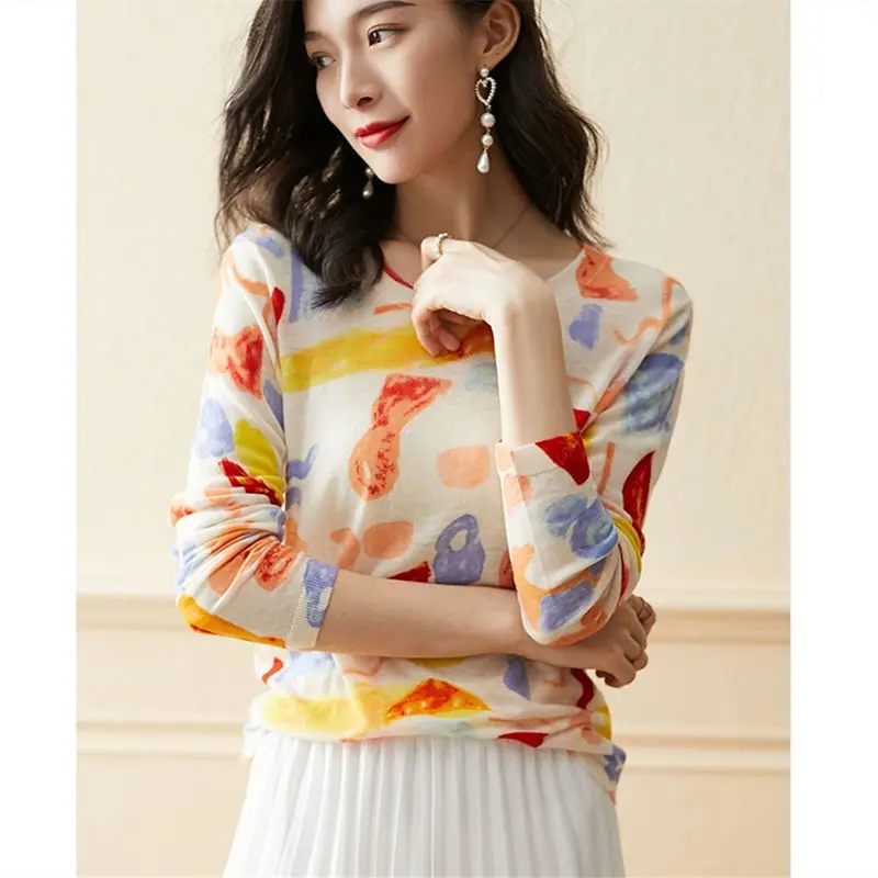 

Western Style Autumn Winter New Fashion Printed Long Sleeve Sweaters Loose Versatile Tops Korean Bottoming Shirts for Women