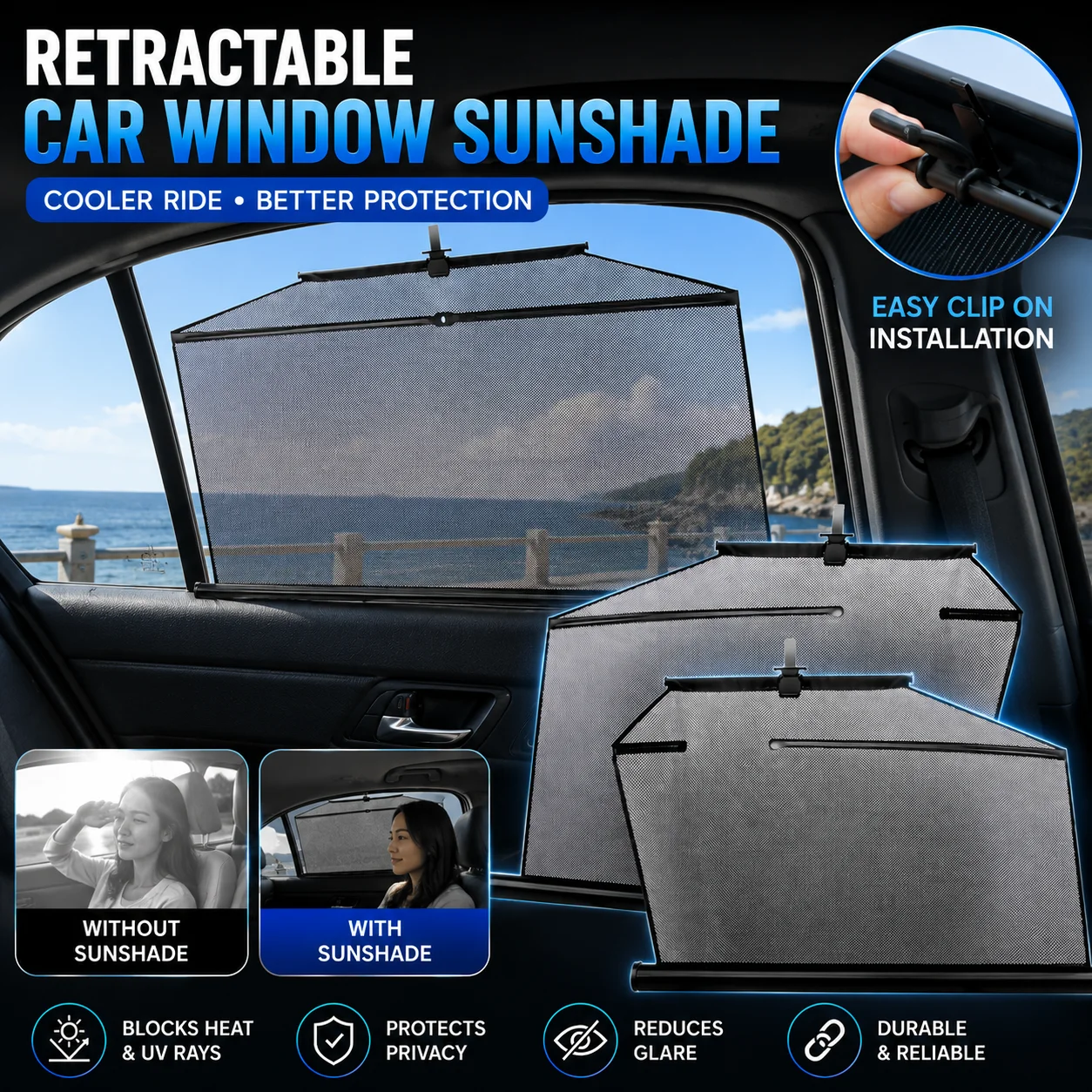 

Automatic Retractable Car Window Sunshade Universal Fit Side Window Curtain For Summer Sun Protection And Heat Reduction