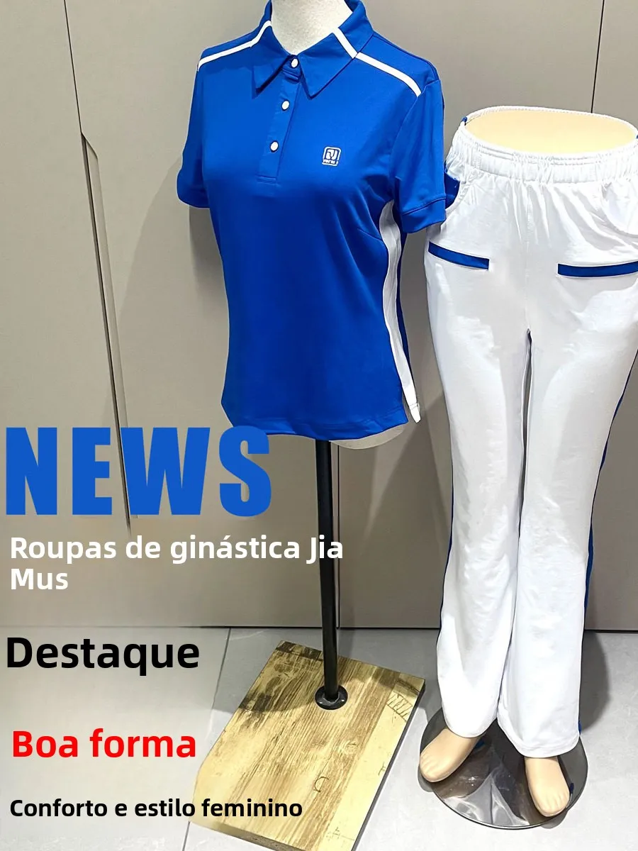 new-summer-outdoor-sports-fitness-operation-blue-shirt-white-pants-short-sleeve-set-for-women-high-waist-loose-fit-yoga-wear