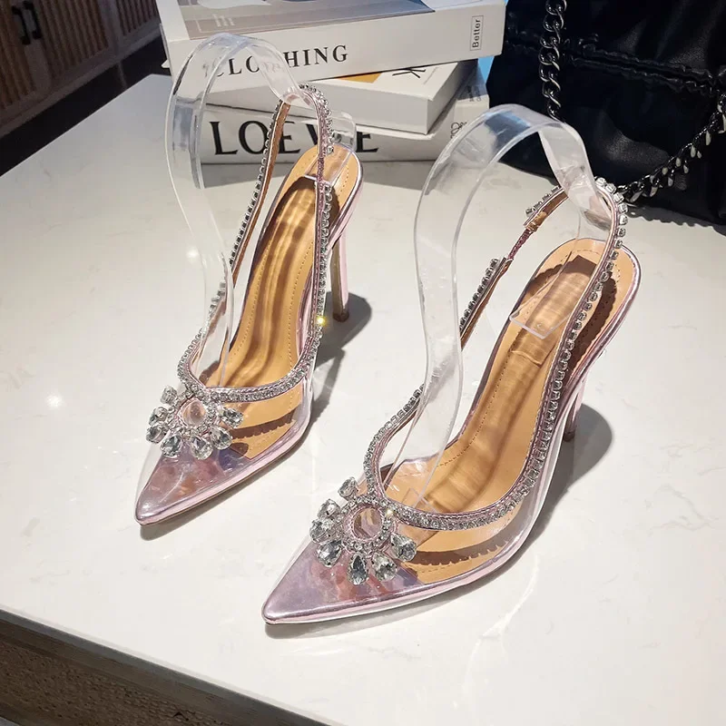 Bling Rhinestone Sandal for Women Summer Sexy Pointed Pvc Clear Slingback Back Strap Thin High Heels Party Prom Shoes Sandalias