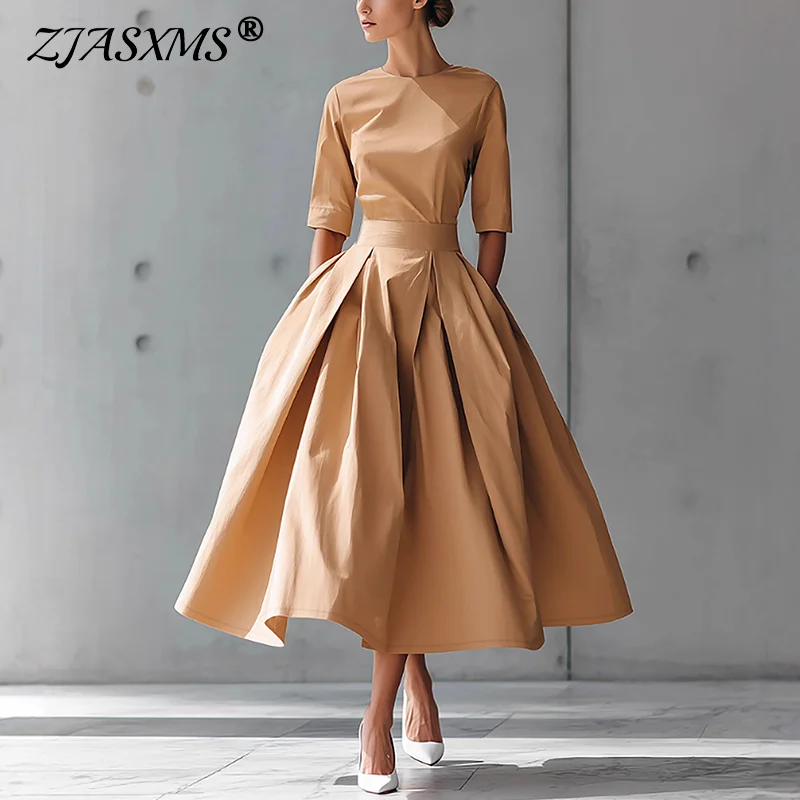 Robe longue de soirée à col rond pour femme, tenue décontractée, couleur unie, taille haute, poches plissées, manches 2026, style Boho, Maxi, nouvelle collection automne 3/4