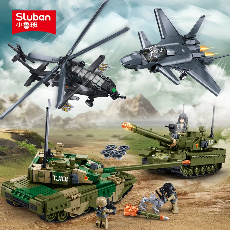 2025 Sluban Military Building Blocks WW2 Aircraft Fighter Siege Chopper Helicopter Blocks Model Main Battle Tank Bricks Kid Toys