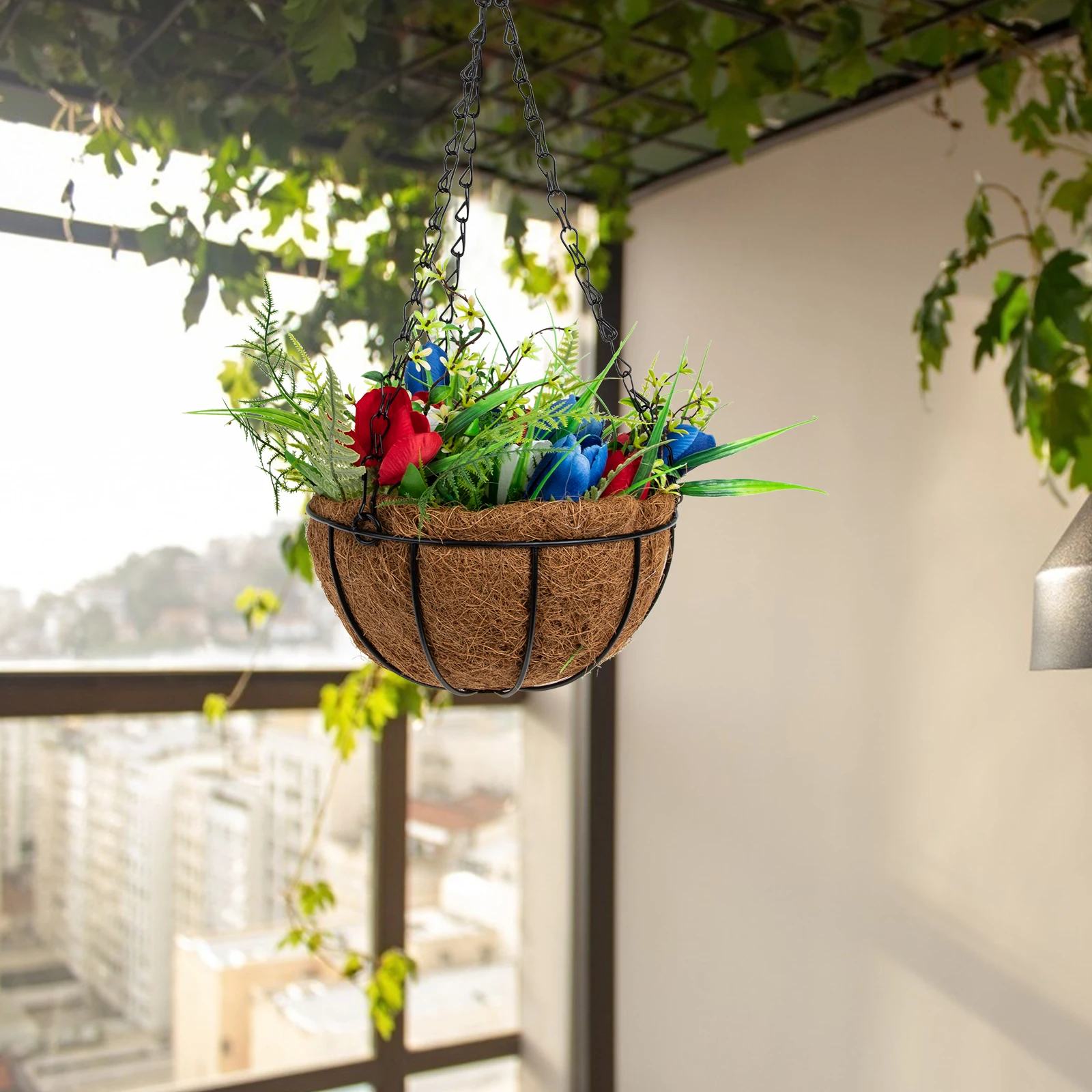 

Tulip Hanging Basket Coir Planter Fake Plants Decor Indoor Balcony Outdoor Garden Yard Display Artificial Flower Baskets Home
