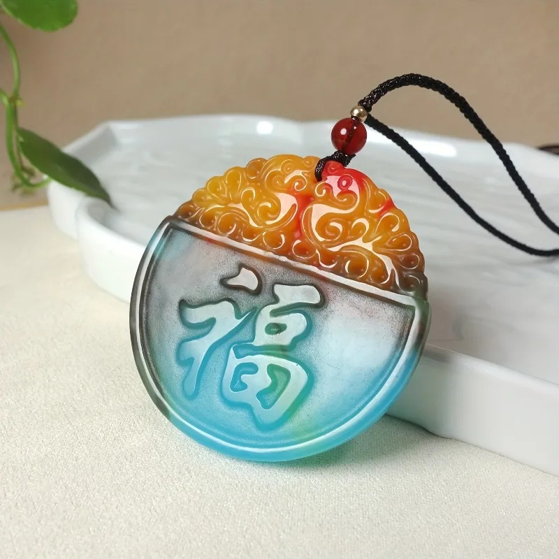 

Colorful Jade Blessing Character Ethnic Style Pendant, Suitable for Daily Wear and Necklace
