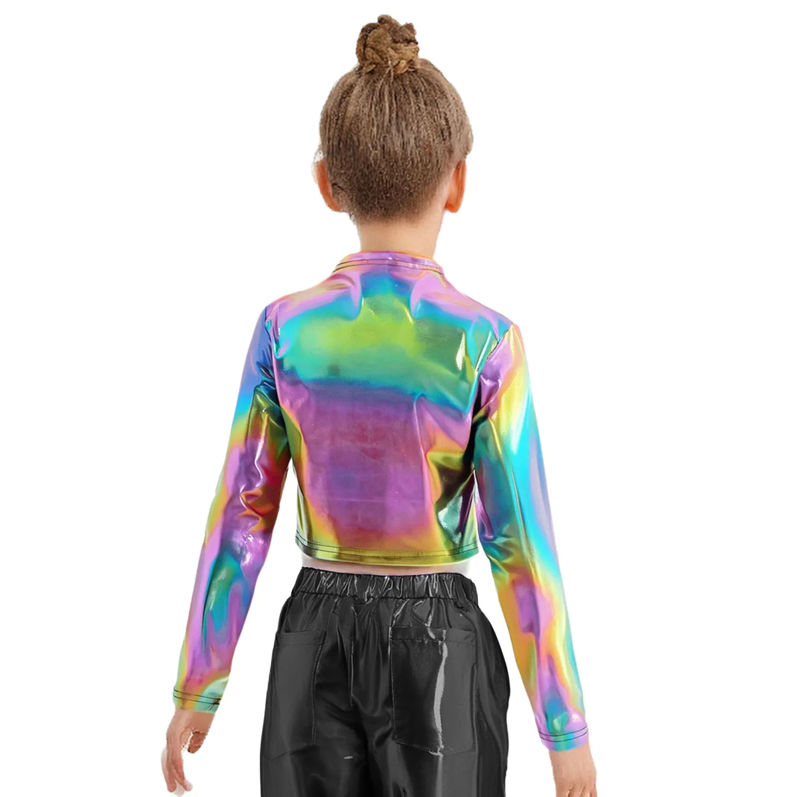 เสื้อครอปแขนยาวพิมพ์ลายตัวอักษรสำหรับเด็กผู้หญิง แนวฮิปฮอป แจ๊สแดนซ์ คอทรงกลม แต่งกลิตเตอร์ สำหรับการแสดง