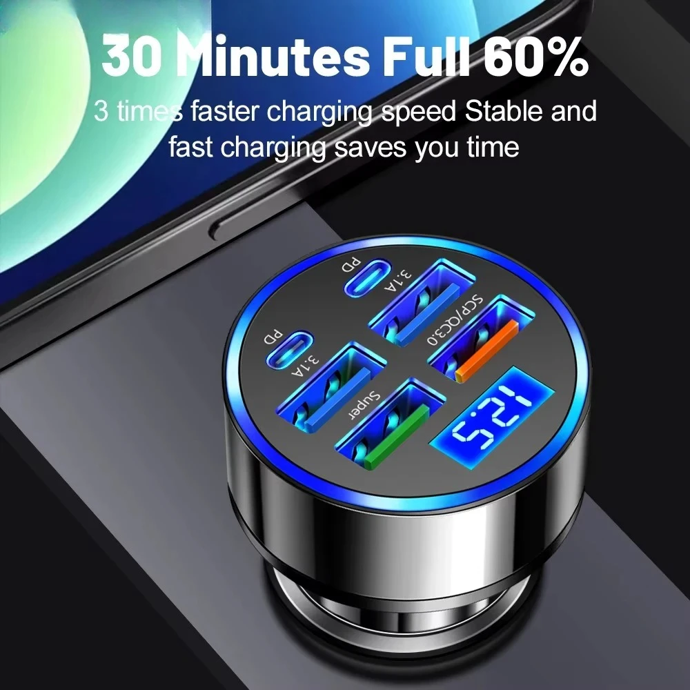 100 W 6 Ports Autoladegerät USB C Ladegerät PD Schnellladung für iPhone16 15 14 13 Pro Max Xiaomi 14 13 Samsung Galaxy S24 S23 Ultra