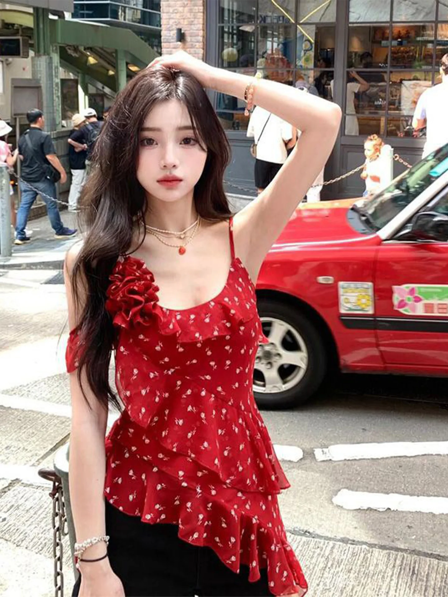 Verão praia sle vermelho floral impressão ter ne colete irregular renda guarnição saes feminino faion commute fino ajuste comprimento regular