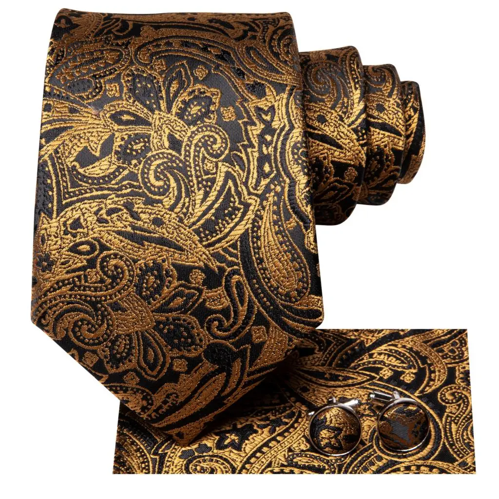 Hi-Tie Black Gold Paisley Striped Silk Wedding Tie per uomo Handky Cufflink Mens cravatta Fashion Design Business Party Dropship