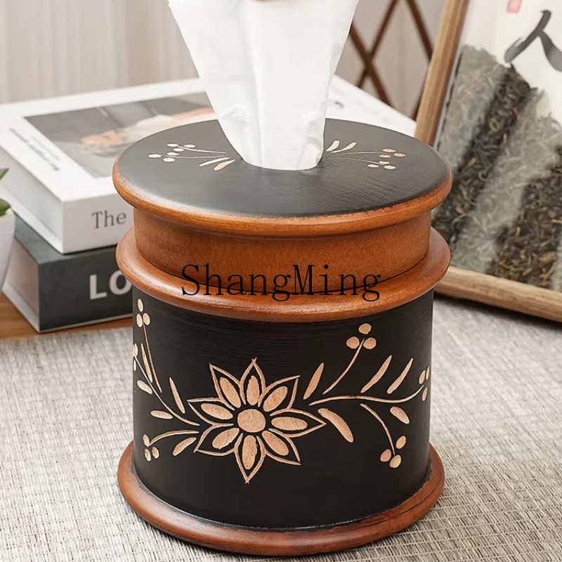 

FG retro solid wood home desktop tissue box living room coffee table round creative engraved tissue tube reel carton