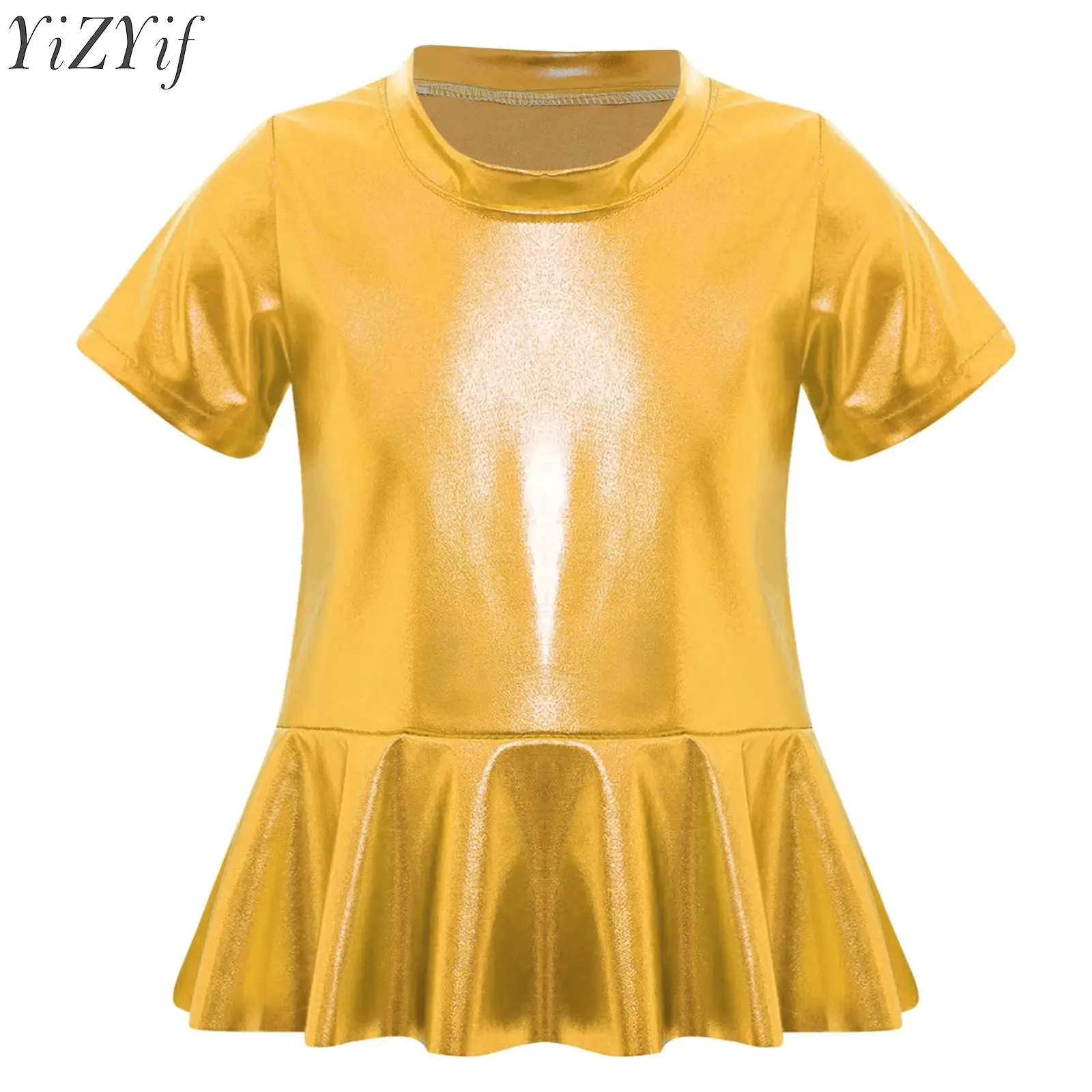 

Kids Girls Latin Jazz Dancing T Shirt Stage Performance Costume Metallic Peplum Top Round Neck Short Sleeves Shiny Tank Tops