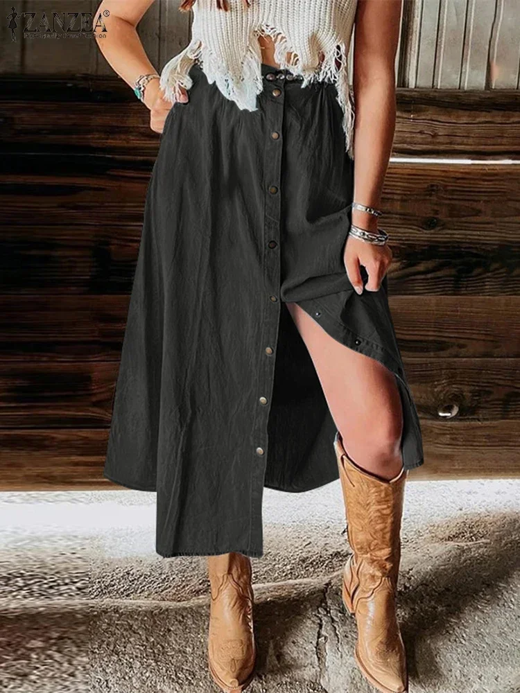 ZANZEA Damen-Röcke, einfarbig, modisch, elastisch, tailliert, lang, Jupes, lässig, lose Knöpfe, A-Linie, Faldas, Urlaub 2025, Sommerröcke