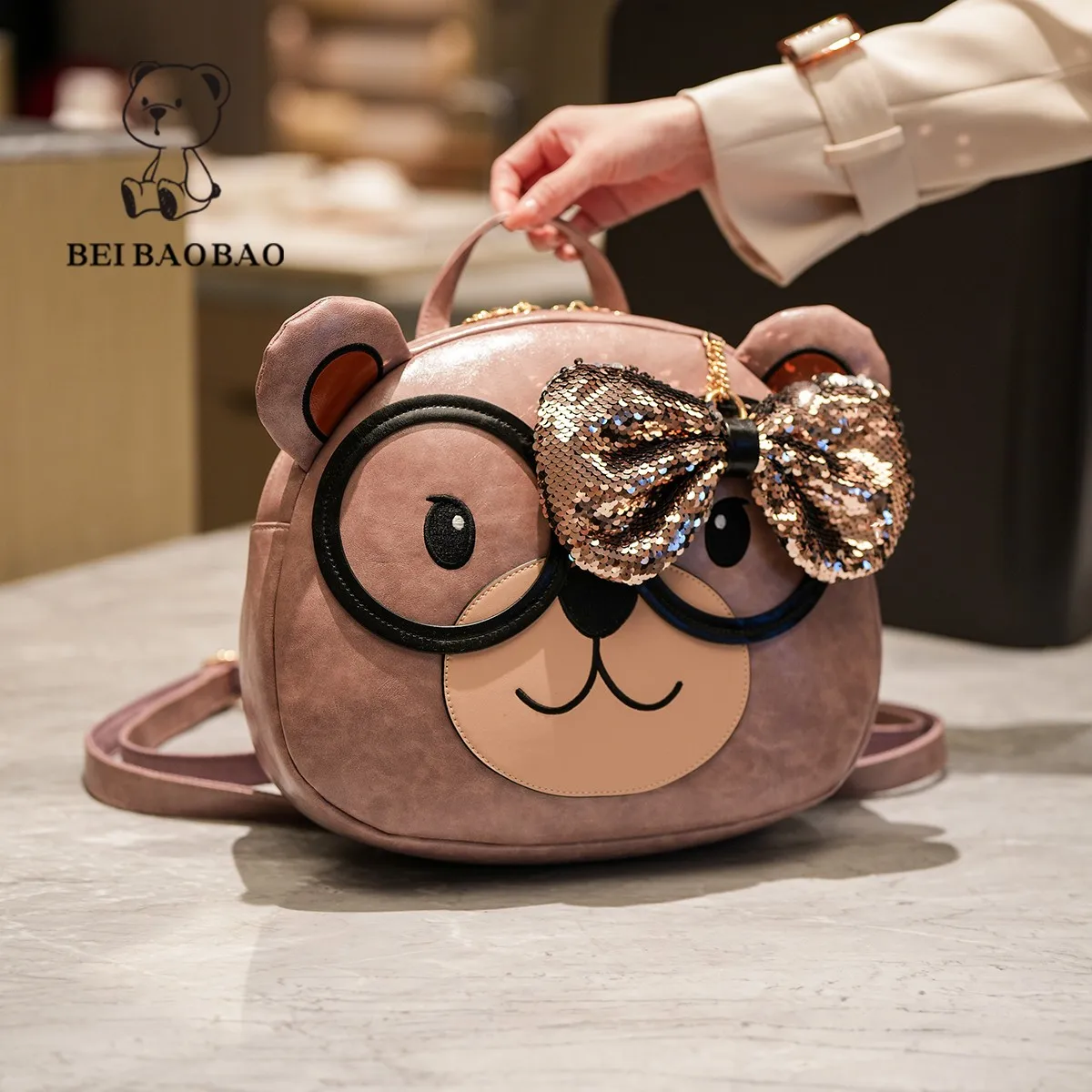 Beibaobao One Shoulder Large Bag Ladies Tote Bag Round Soft Leather Bow Tie Cartoon Cute Girl 's Bag Commuting Bags Women bolsas