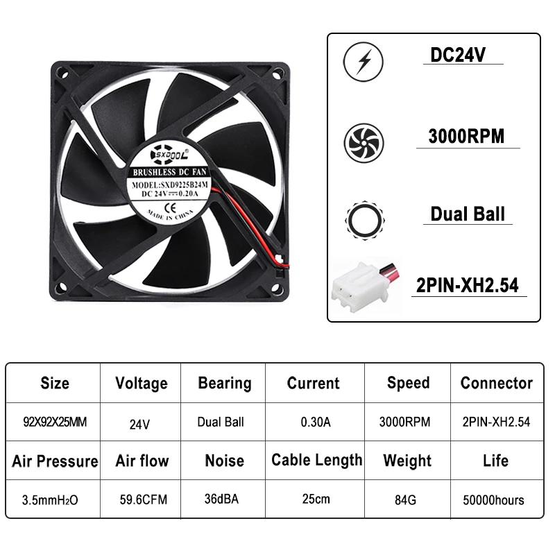 2PCS 24V Dual Ball 92mm cooling fan 90mm 9cm 92x92x25mm 0.20A 3000RPM PC Computer Cooling Fan DC Brushless cooling fan