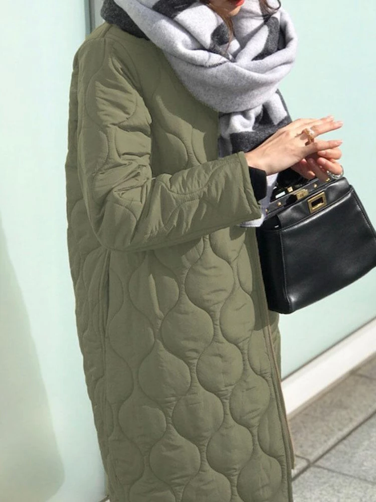 Women\'s Winter Jacket 2024 Zipper Green Loose Warm Plaid Top V-Neck Casual Streetwear Light Long Quilted Coats Female Cardigan