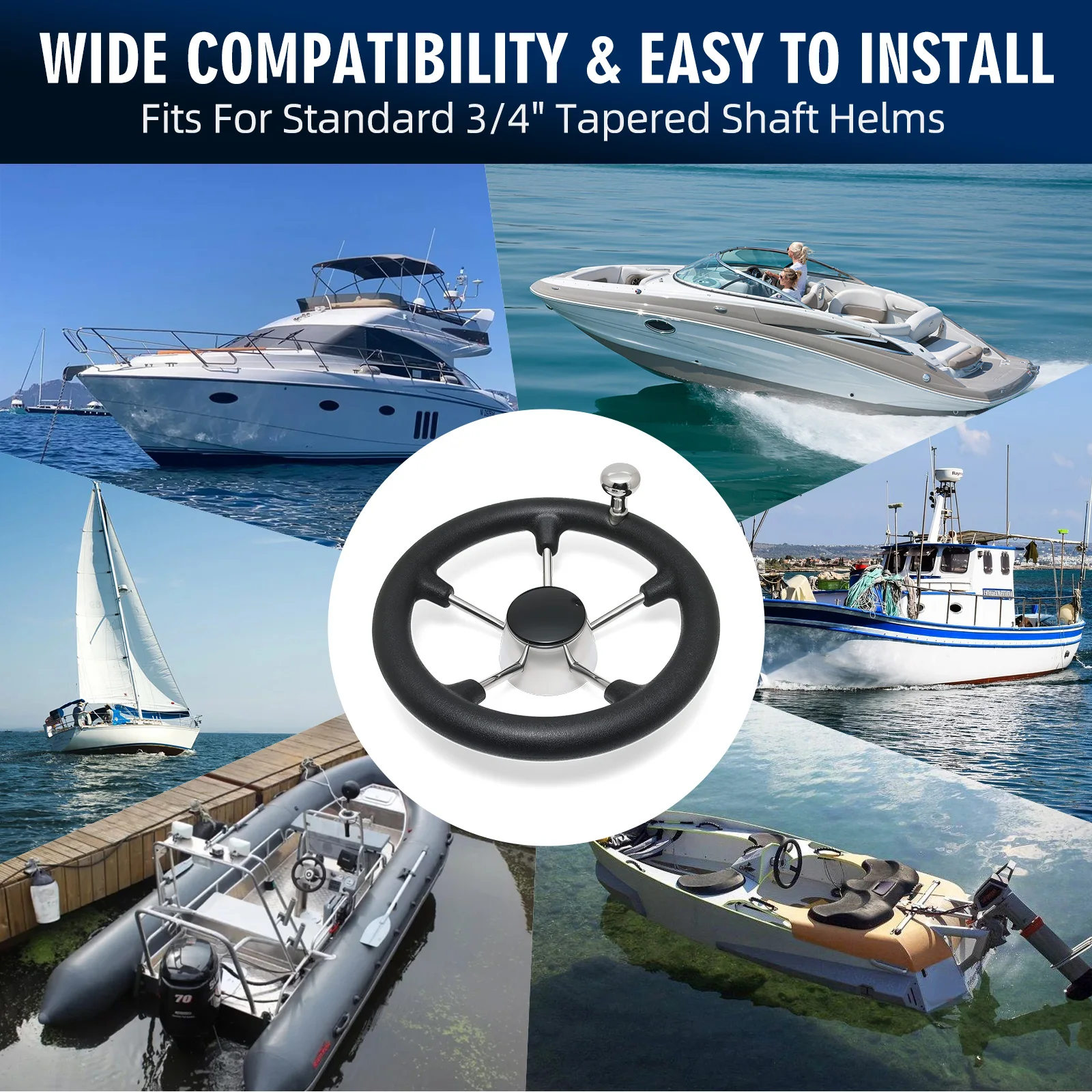 1pc Steering Wheel With Knob 11inch Marine Boat Steering Wheel 5 Spoke Destroyer With Black Foam Stainless Steel Steering Wheel