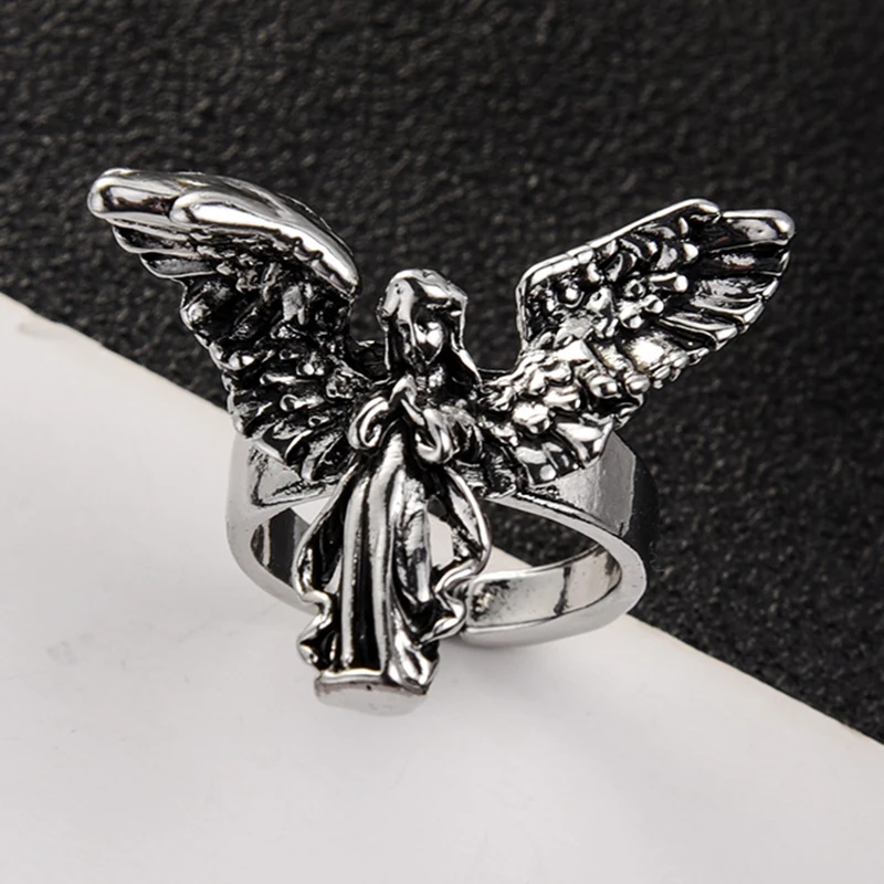 Gothic Angel Ring Vintage Religious Angel Wings Silver Opening Ring Punk Angle Metal Rings For Women Men Party Jewelry Gifts