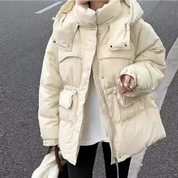 Women's Mid-Length Hooded Down Jacket, Thick Cotton Puffer Coat, Warm, Casual, Lovely, Winter, New, 2024