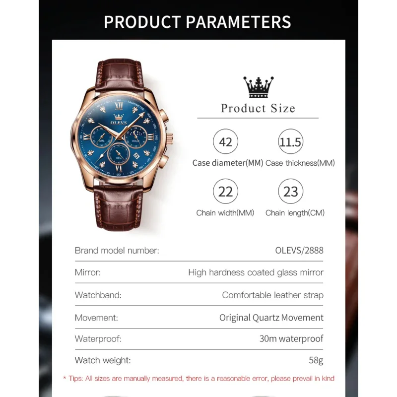 OLEVS 2888 Casual Fashion Rose Gold Men Quartz Watch Multifunctional Chronograph Watch Genuine Leather Watches Reloj