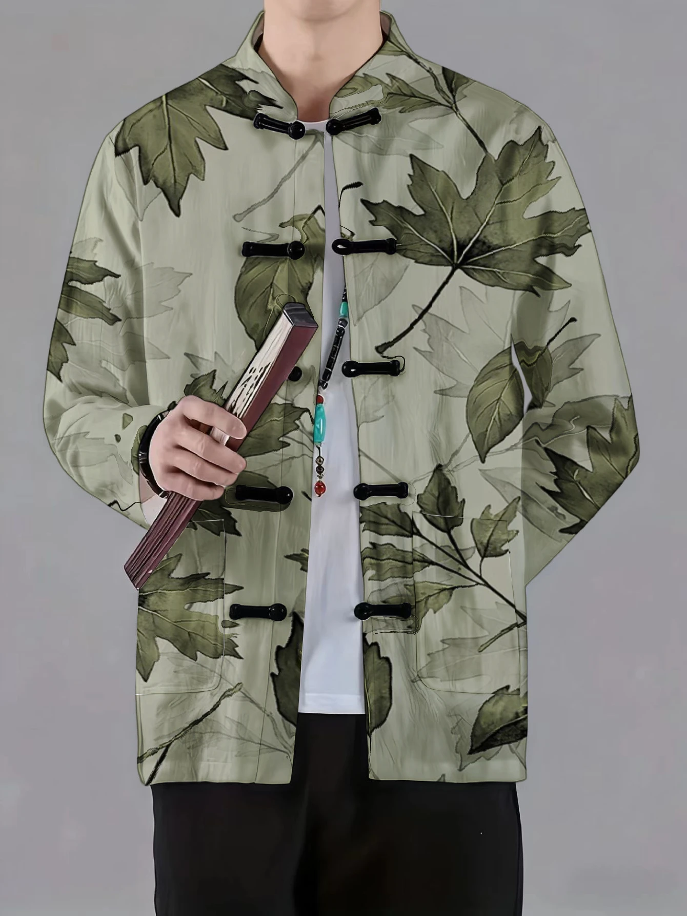 Men Men Mandarin Collar Frog Button Jacket Floral Heart Leaf Ink Art Print Traditional Outerwear - Aliexpress Deal