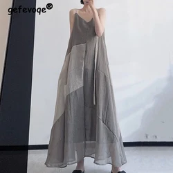 Mulheres Vintage Patchwork Irregular Beach Maxi Dress Férias Elegante Vestidos Longos V Neck Sem Mangas Spaghetti Strap Sundress Robe