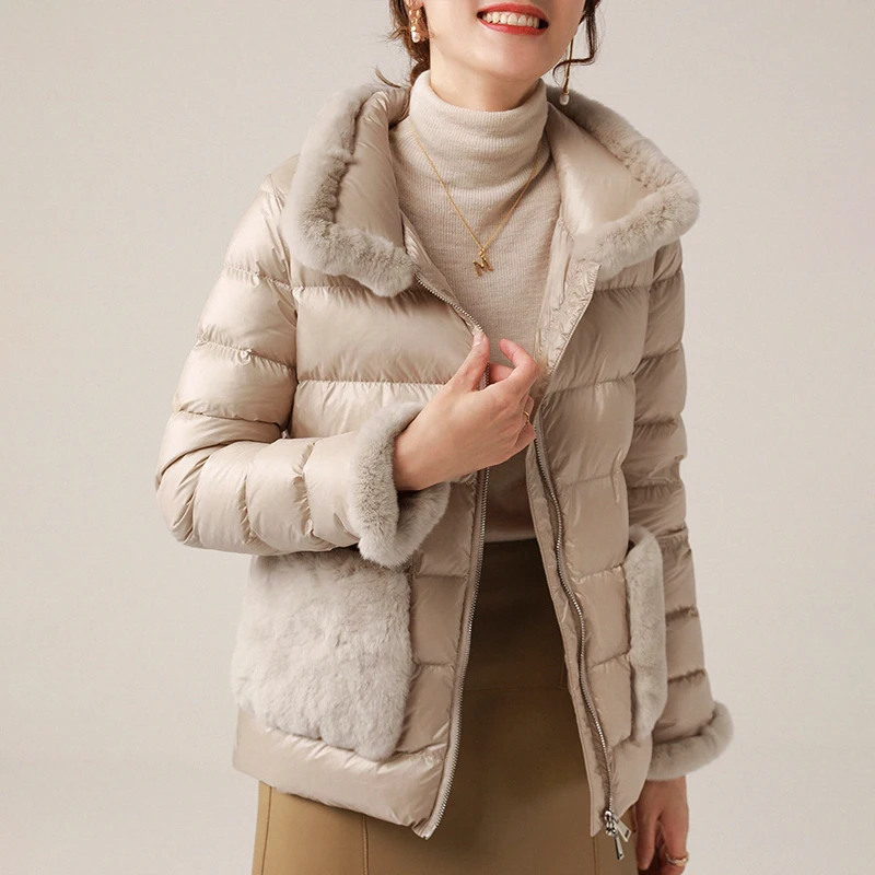 

Winter Down Coat Women's Fashion New Rabbit Hair White Jackets for Women Warm Loose Short Coat Down Jacket Women 2023