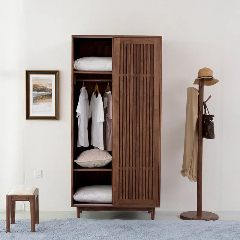 Black walnut combination wardrobe Japanese solid wood overall wardrobe Double door push door wardrobe